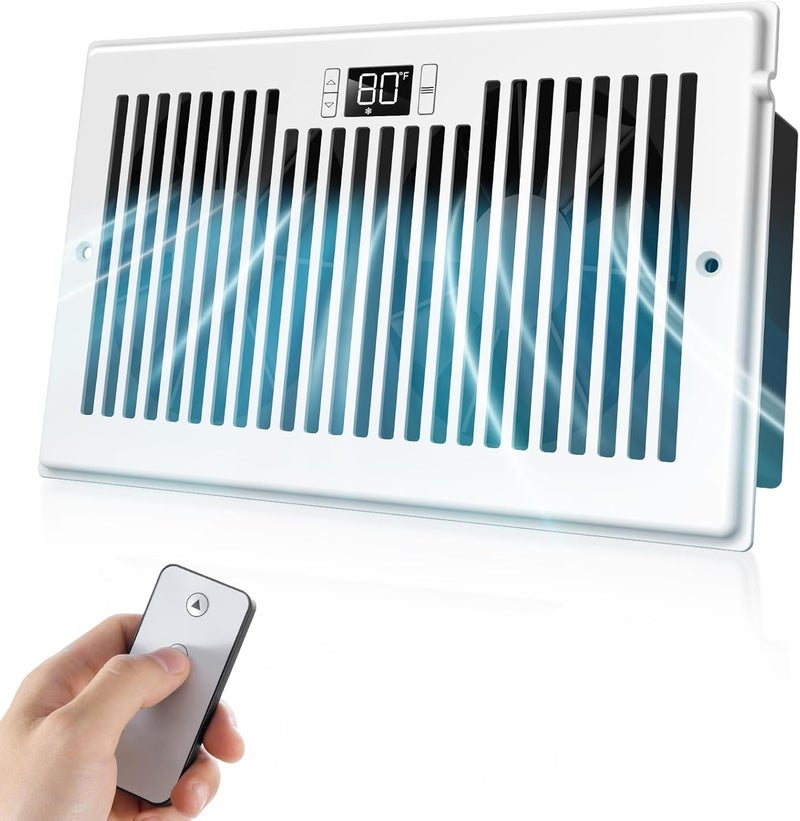 VELLEE Quiet Register Booster Fan Fits 6" x 10" (DUCT OPENING CUTOUT), 10-Speed Smart Heating Cooling AC Vent Booster Fan w/Remote Control & Thermostat Control (White) - Corded - Image 1